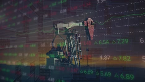 Animation-of-financial-data-processing-with-graph-over-pumpjack-on-black-background