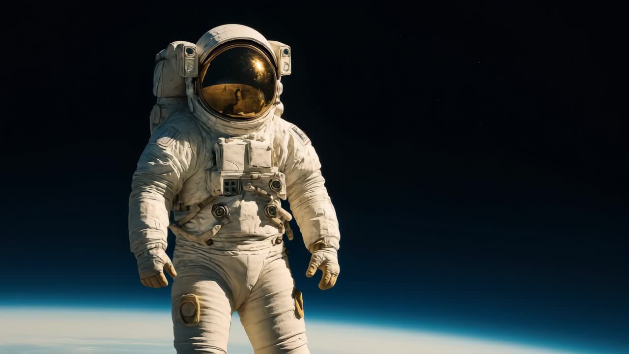 Astronaut dalam pakaian luar angkasa mengambang dengan latar belakang gelap, diambil dari sudut rendah