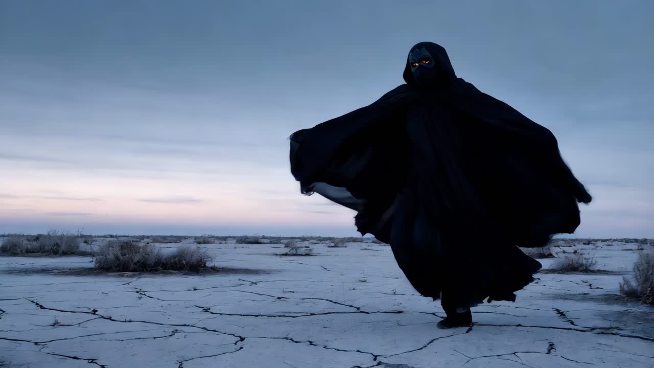 figura misteriosa en una capa oscura en un paisaje desértico seco
