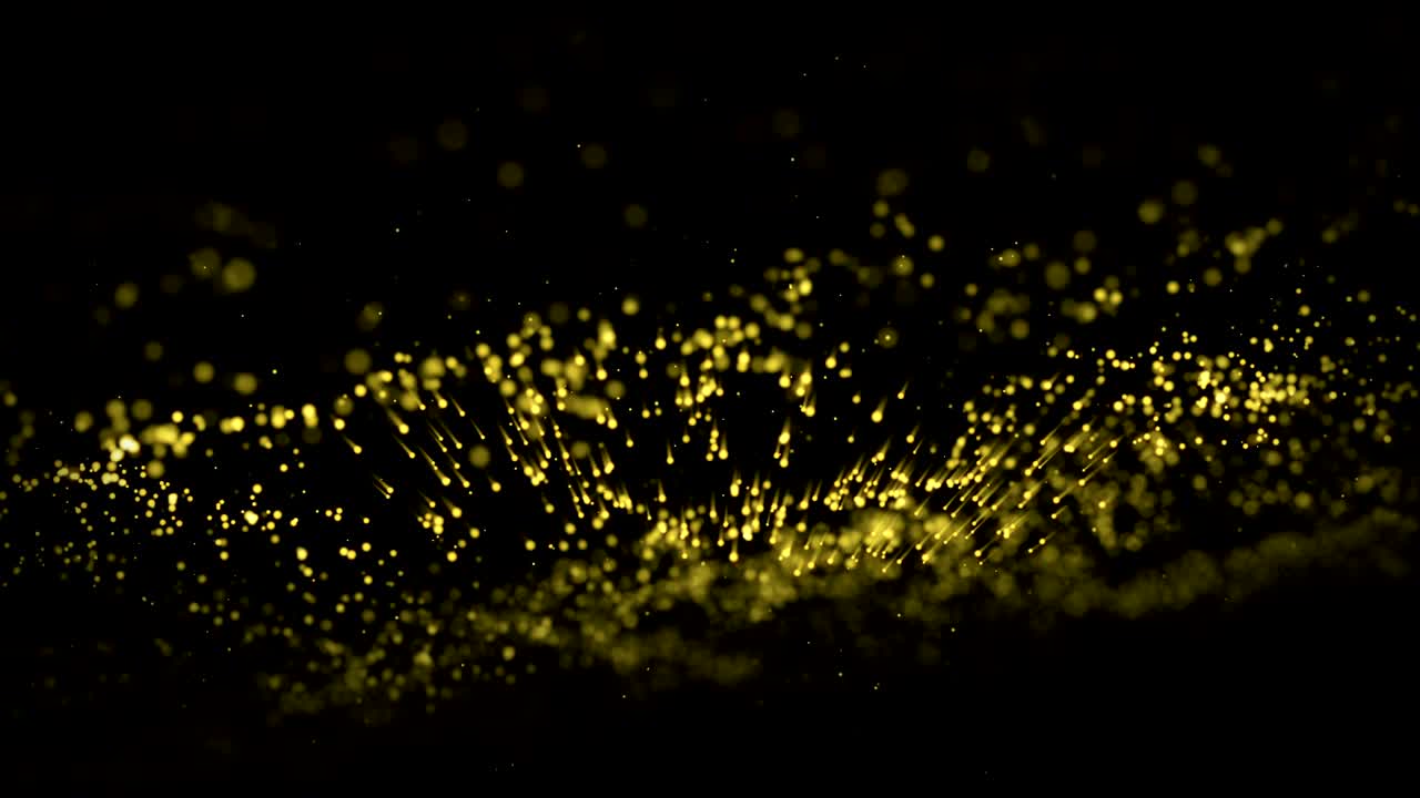 흑색 배경에 별이 있는 금 먼지 입자의 파동 운동 추상화.