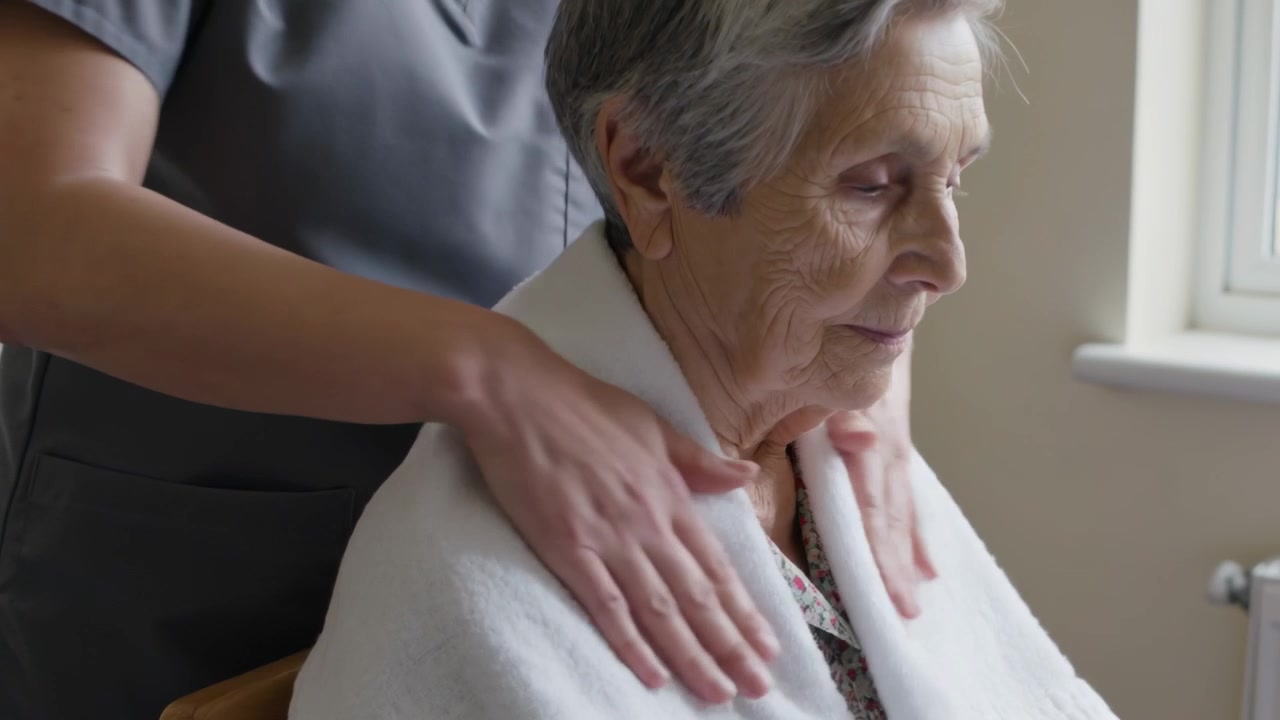 Eine Pflegekraft steht zu Hause hinter einer sitzenden Frau, drapiert, glättet und tröstet sie, gekleidet in graue Arbeitskleidung mit einem weißen Handtuch.