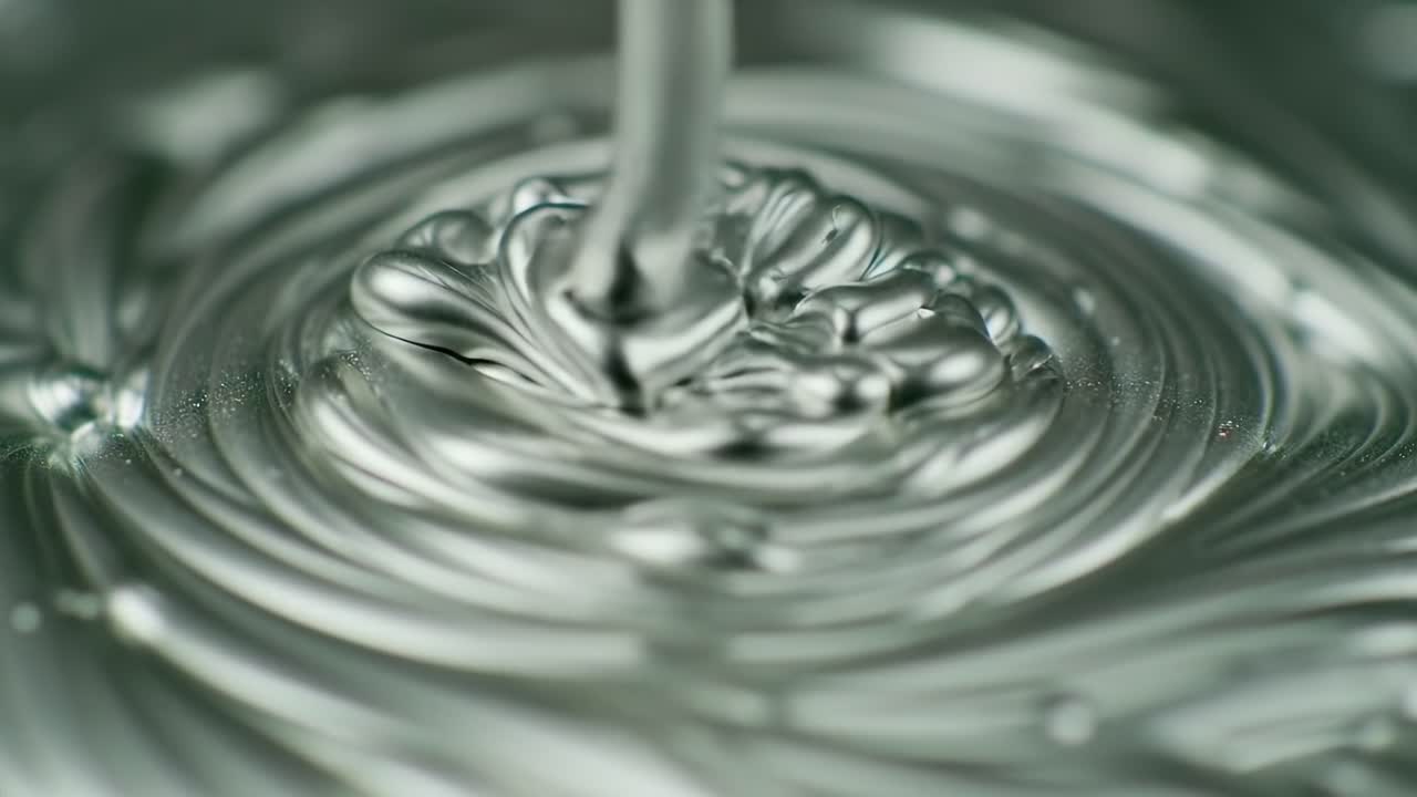 Captivating Flow and Swirls of Silvery Liquid Mixture, Showcasing the Intricate Dance of Metallic Fluid Dynamics in Close-Up Perspective