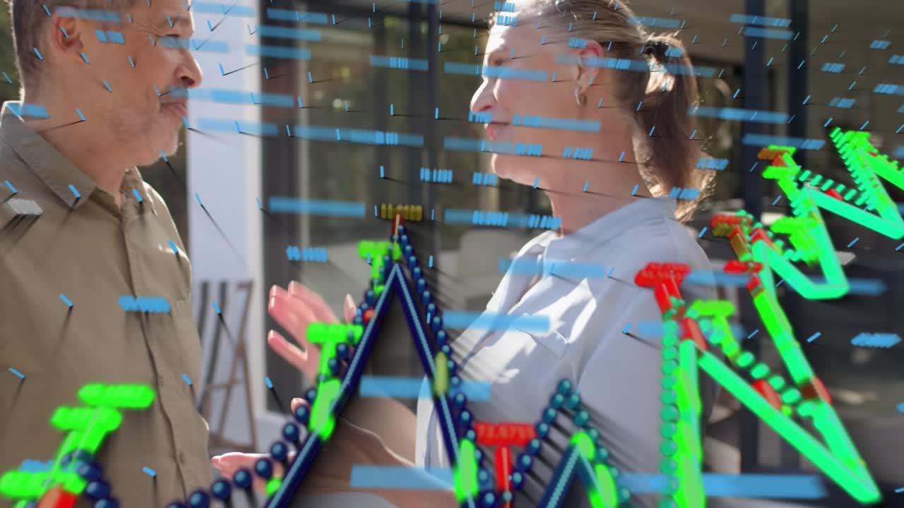 Couple conversing on patio, woman cupping man's face and hugging while finance charts overlaying