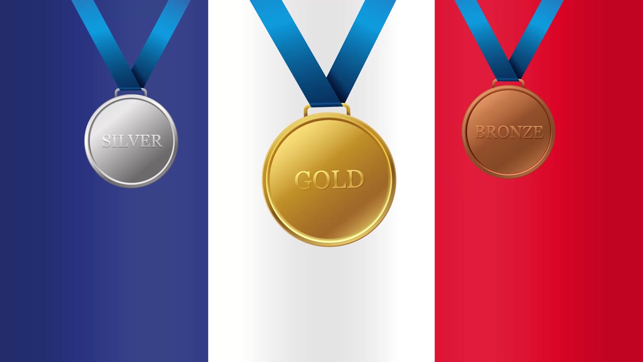 Guld-, sølv- og bronzemedaljer vist over det franske flag
