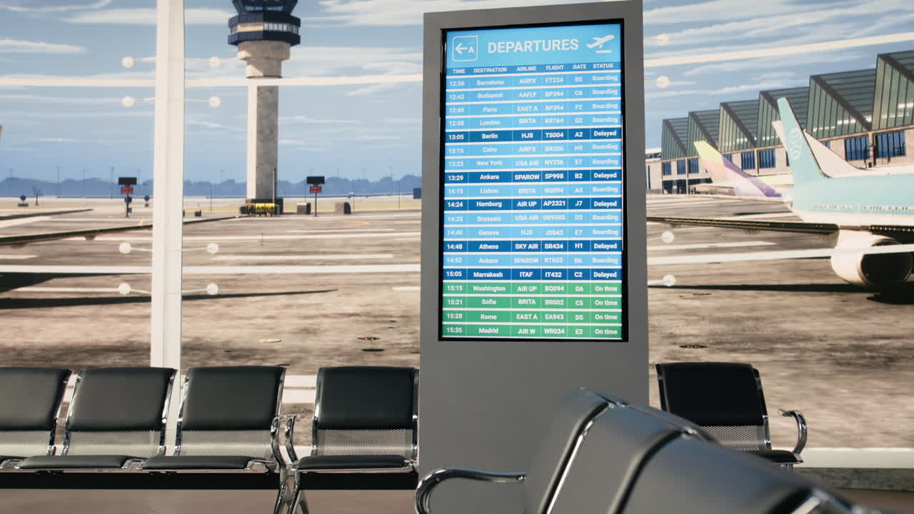 Lounge aeroportuale vuota con finestre che si affacciano sulla pista e sugli aerei