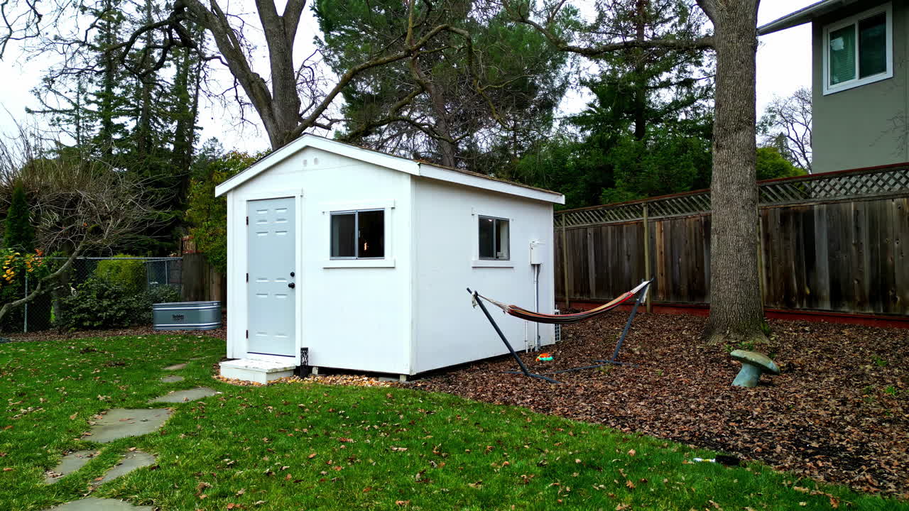 Backyard view with shed and trees, calm suburban setting in San Francisco