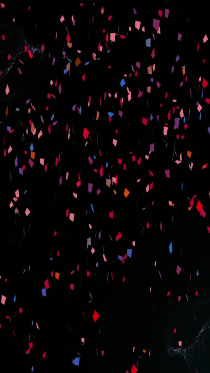 Animation av färgglatt konfetti som faller över en blå digital våg mot en svart bakgrund.