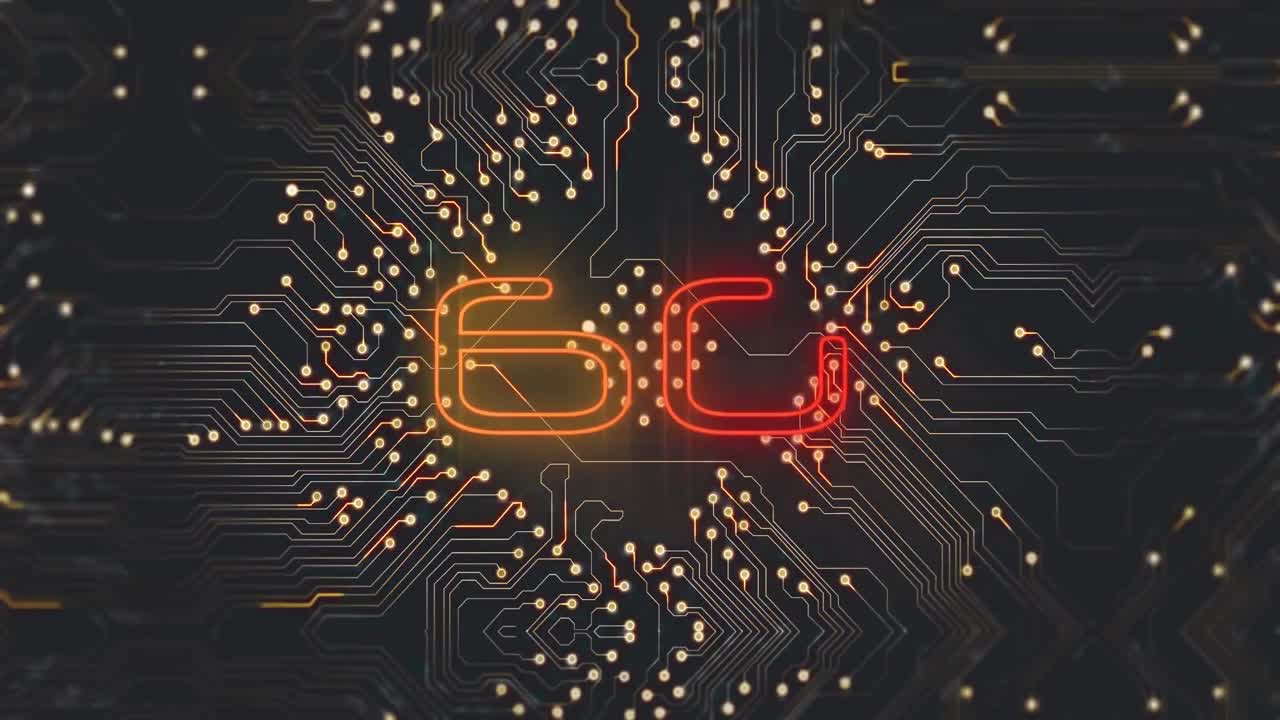 анимация текста 6g на плате компьютерной схемы