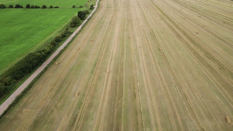 Harvested-hay-bales-on-golden-wheat-field-aerial-view-over-rural-countryside-farmland