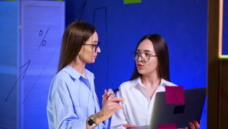 business ladies wearing shirts and glasses discuss what they see on the notebook. one woman writes on the glass board.
