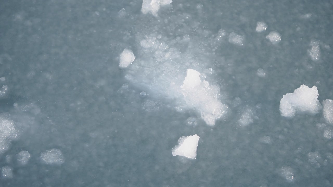 Close-up of Small Ice Chunks Floating and Melting on Water
