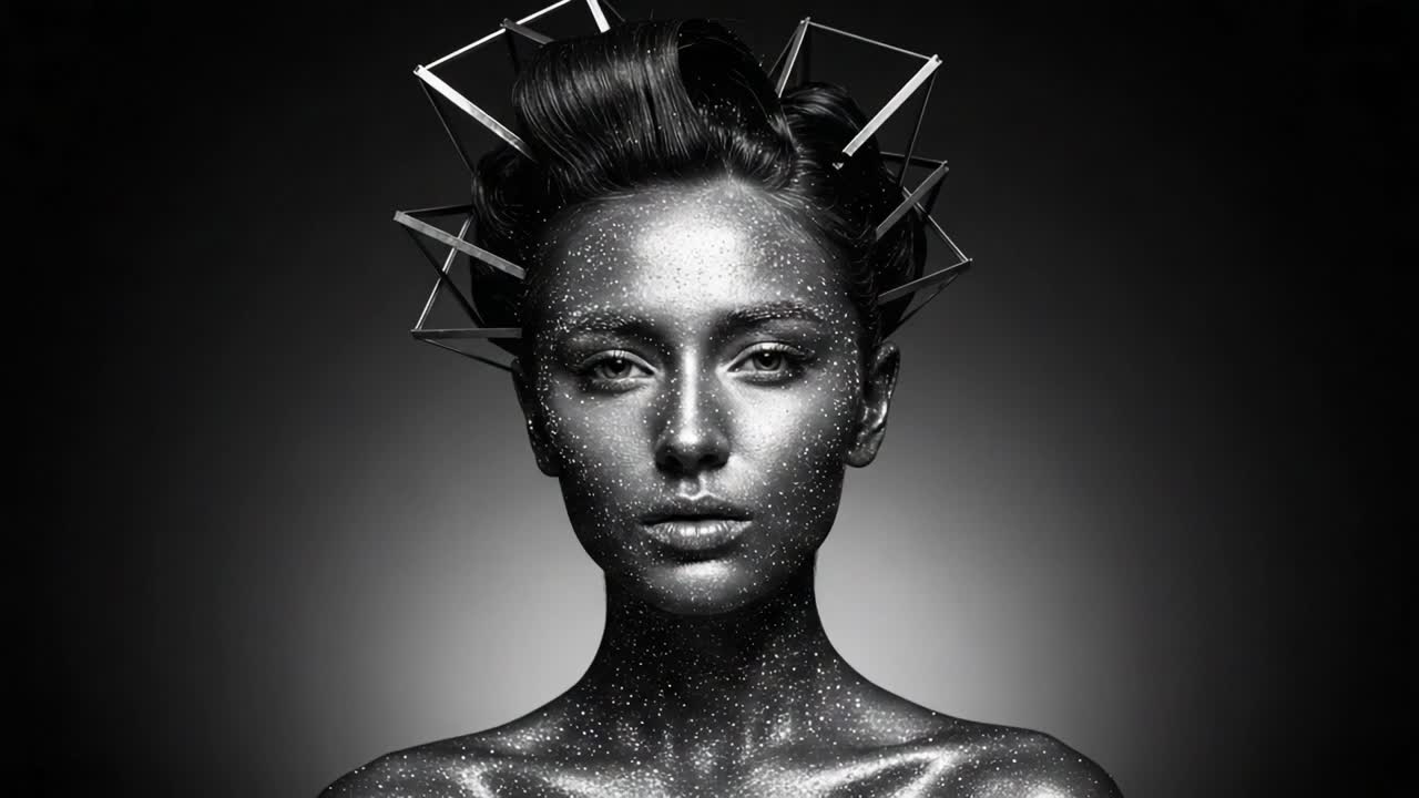 Stunning High-Contrast Portrait of a Model with Glitter Makeup and Geometric Headpiece, Capturing an Ethereal and Artistic Essence in Monochrome Photography