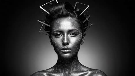 stunning high-contrast portrait of a model with glitter makeup and geometric headpiece, capturing an ethereal and artistic essence in monochrome photography