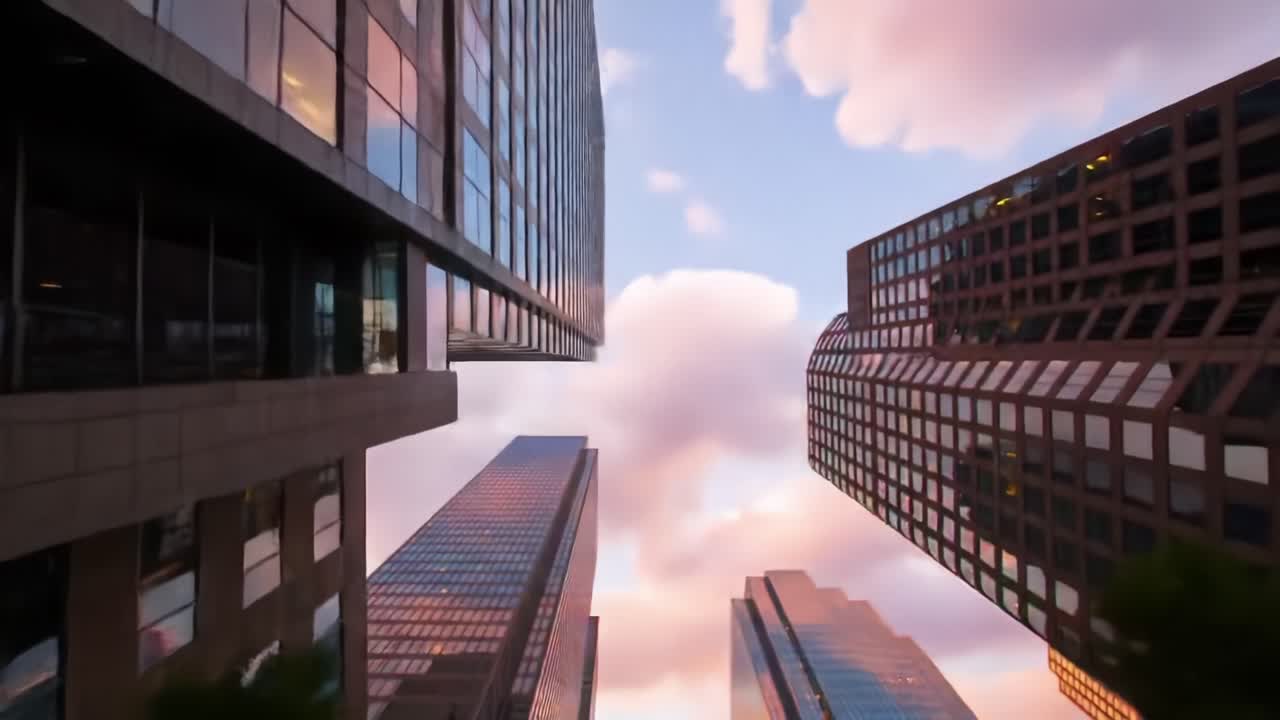 A Captivating Perspective of Urban Skyscrapers Against a Serene Sky at Dusk, Showcasing Reflections and Architectural Marvels in a Modern Cityscape