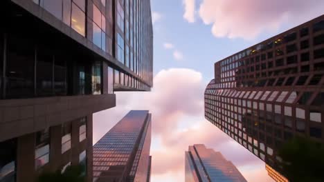 a captivating perspective of urban skyscrapers against a serene sky at dusk, showcasing reflections and architectural marvels in a modern cityscape