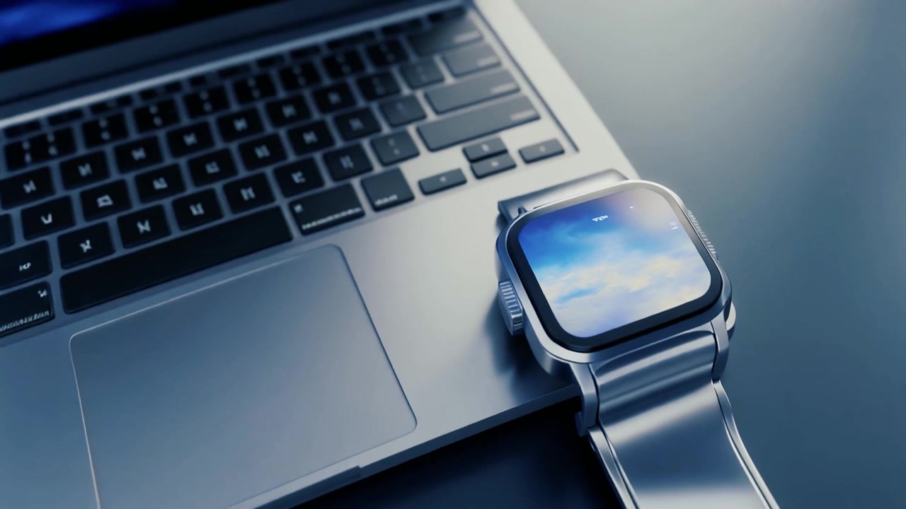Smartwatch Resting on a Laptop Keyboard in a Modern Workspace