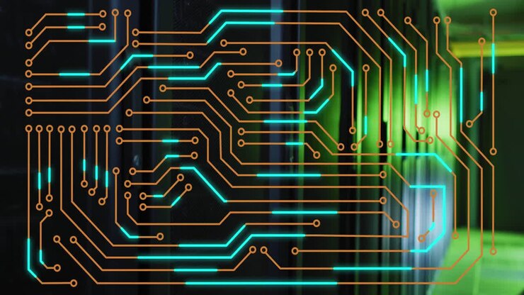 Animation of microprocessor connections against computer server room