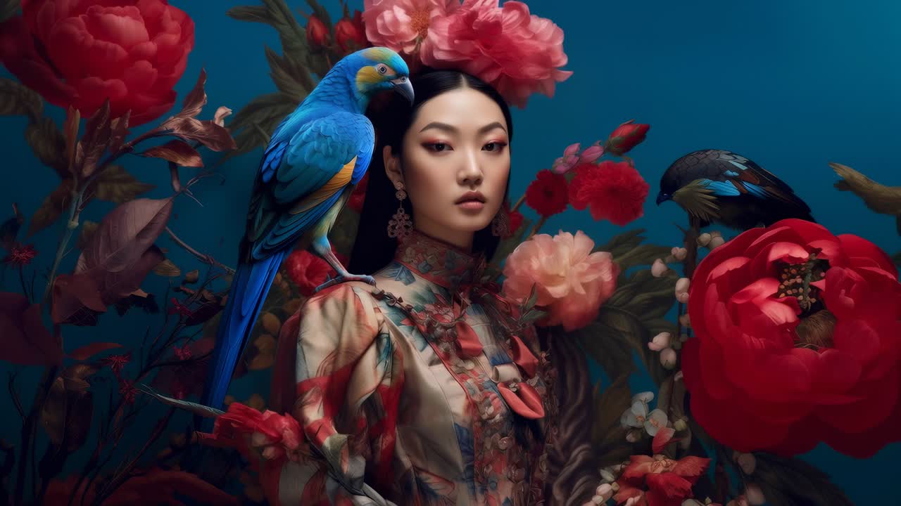 Elegant Asian Woman with Parrot and Floral Arrangement