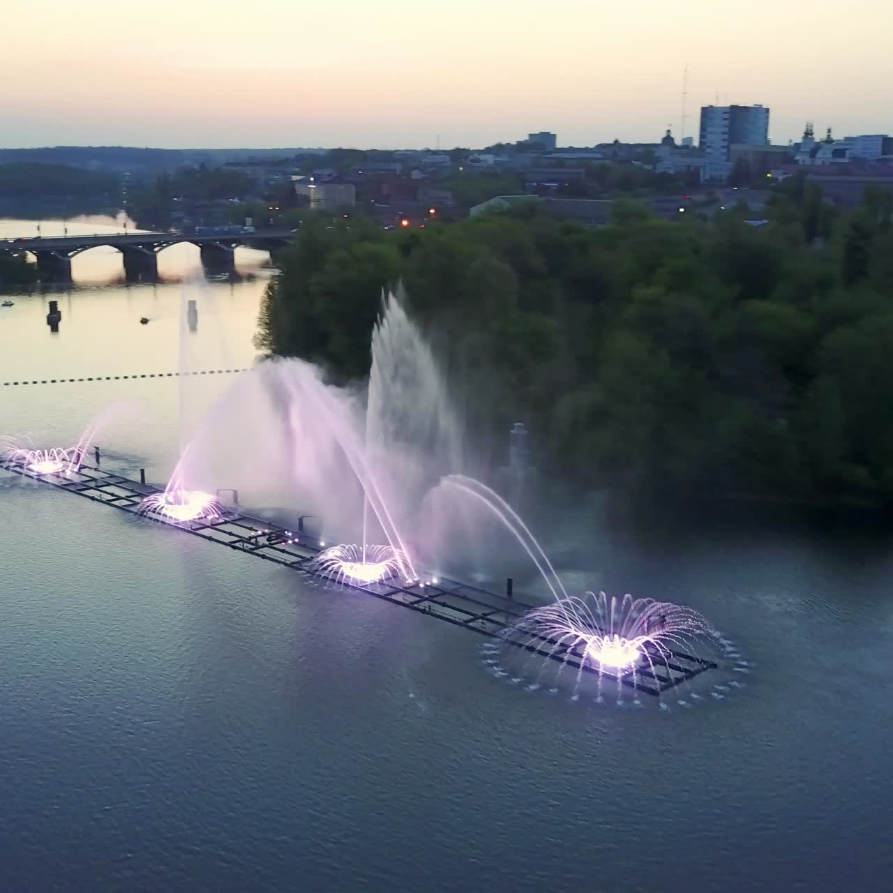 Colorful And Musical Fountain. Aerial shot of the light and music magic fountain at night