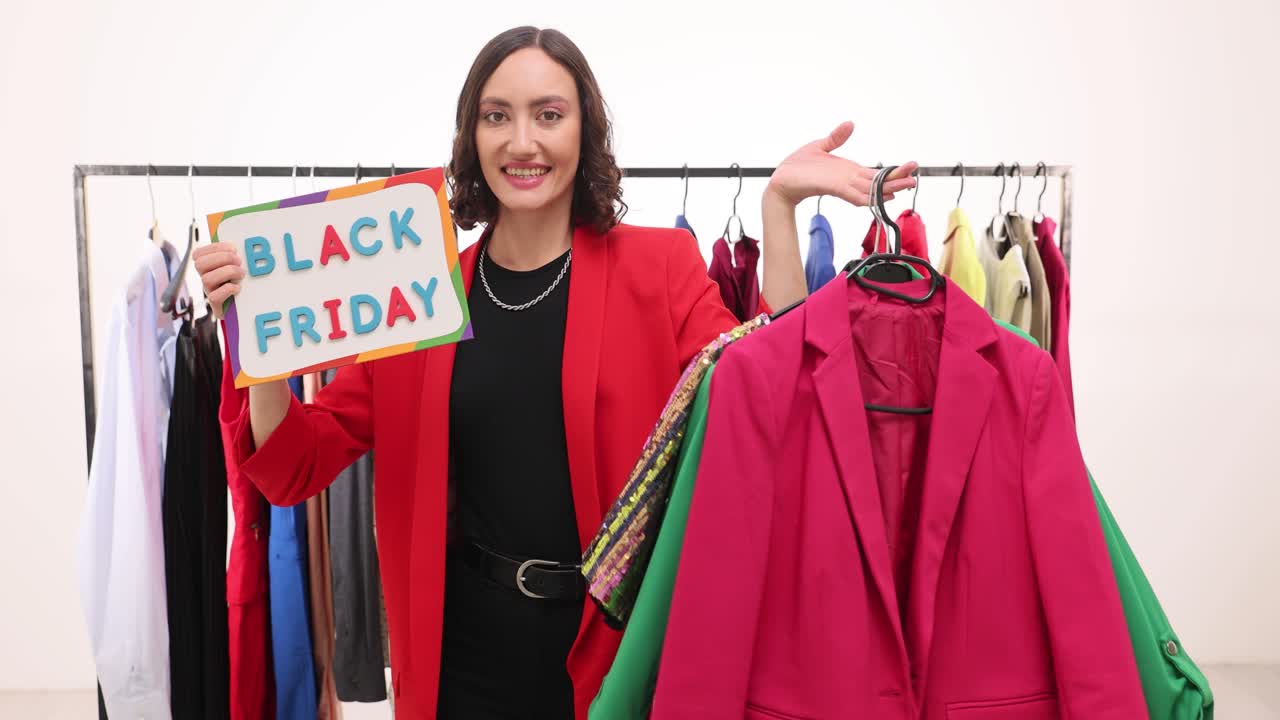 Excited Woman with 'Black Friday' Sign and Clothes on a Rack