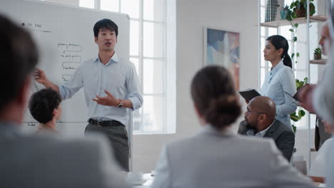 asian businessman presenting project development seminar showing diverse corporate management group ideas on whiteboard in startup office training presentation