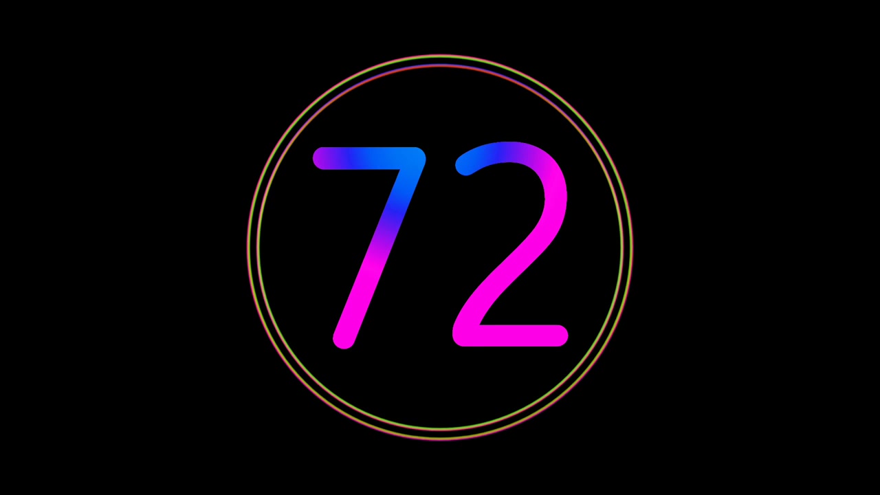 Animazione numero 72 al neon, luminosa e tremolante, sfumatura blu-rosa, loop numerico digitale futuristico a LED, grafica in movimento astratta tecnologica con luce circolare, sfondo nero moderno e minimale
