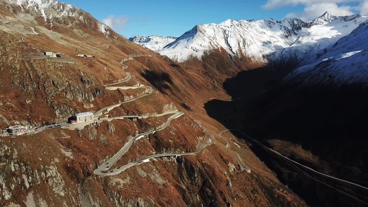 Furkapass from above revealing an impressive view of the snowy mountains of the Swiss Alps.