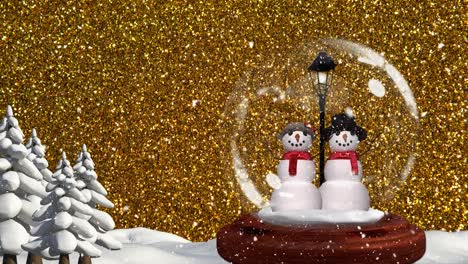 Cute-Christmas-animation-of-snowman-couple-against-shiny-golden-background-4k