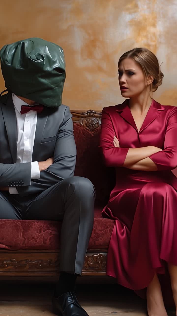 Un uomo con maschera verde siede rigidamente accanto a una donna. La donna in abito rosso lo guarda con tacita disapprovazione. La loro postura suggerisce tensione o disaccordo. L'immagine potrebbe adattarsi a scene drammatiche o comiche.