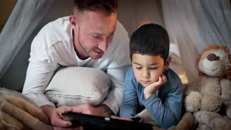 Tablet,-child-thinking-and-father-with-bedroom