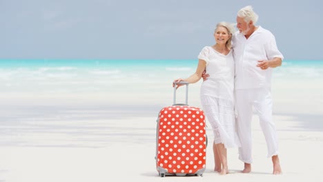 caucasian senior travellers outdoors on beach with suitcase