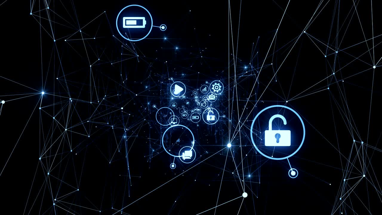 Icons Moving in Abstract Network Grid with Glowing Lights. Beautiful Looped 3d Animation. Digital Technology and Information Concept.