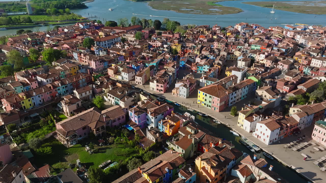 Aerial drone view of the colourful houses of Burano Island, Italy