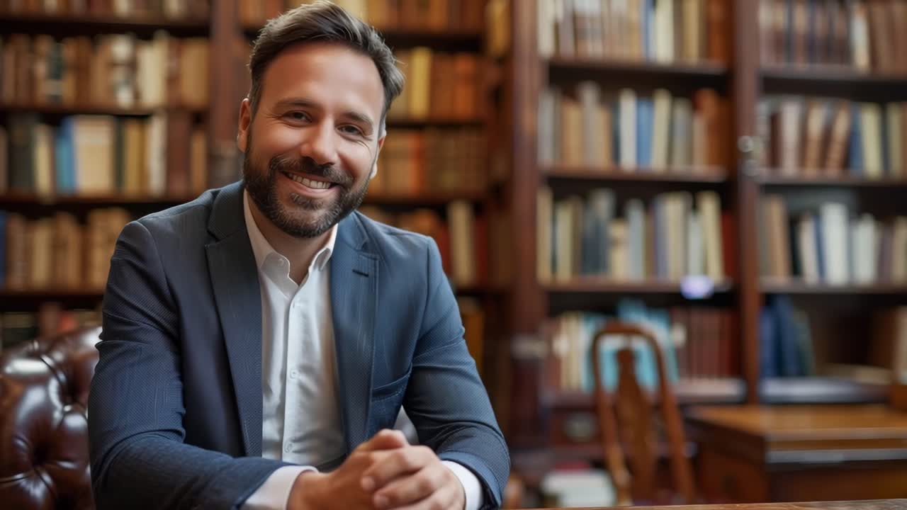 Portrait of a smiling businessman in a library