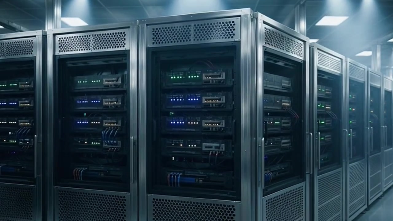 Rader med serverrack i et moderne datasenter