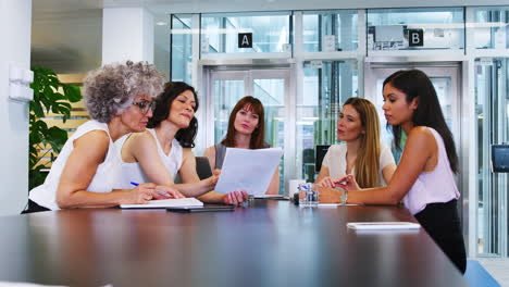 female coworkers discuss strategy at business meeting