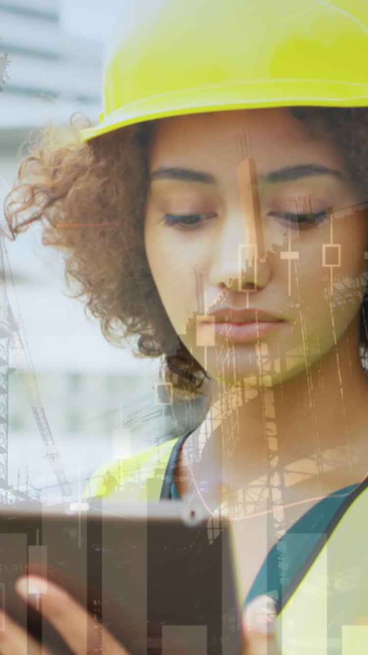 animación del procesamiento de estadísticas sobre una arquitecta usando una tableta en el sitio de construcción