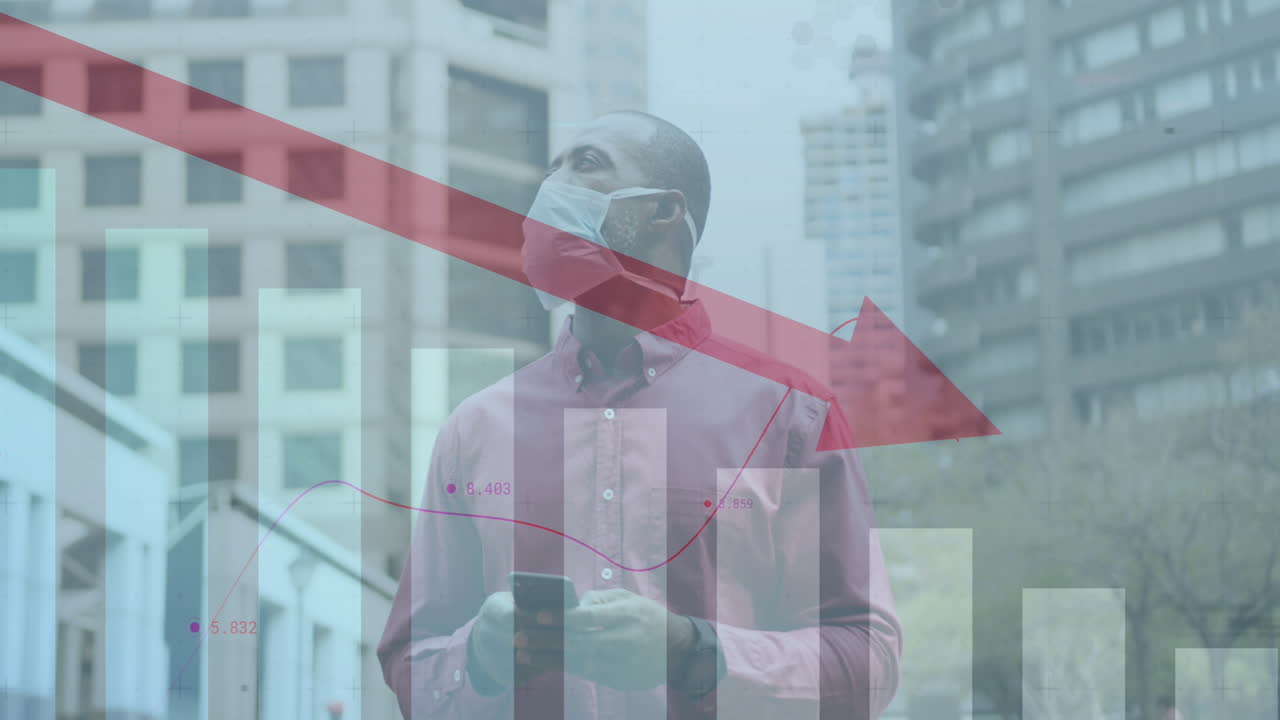 코로나 19 세포의 애니메이션 아프리카계 미국인 남자가 얼굴 마스크를 착용한 클로즈업