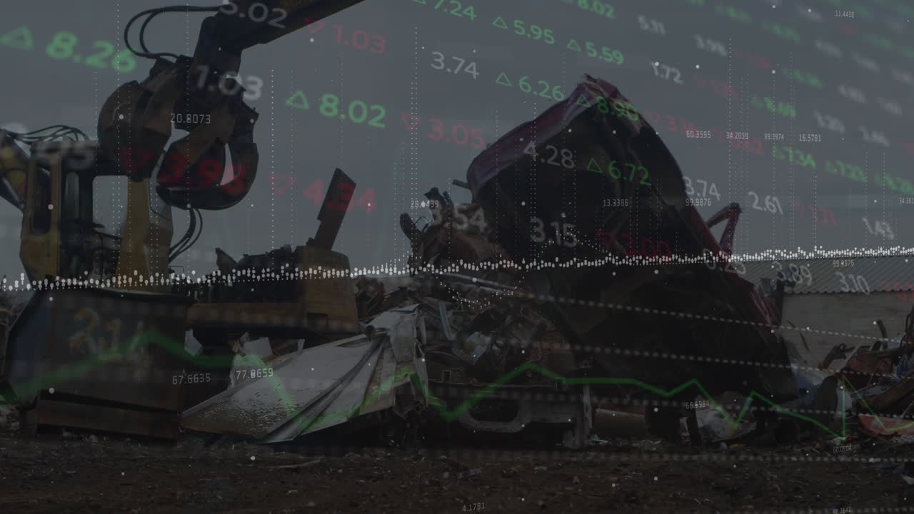 証券市場データ処理のアニメーションは,ゴミ捨て場で動作する水力リフティングマシンと比較します.