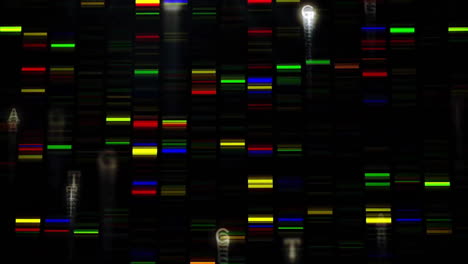 dna sequencing animation with colorful bands and letters over dark background