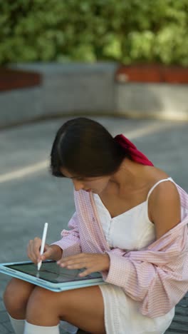 young woman drawing on a tablet outdoors