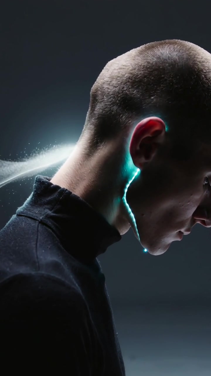 Video verticale: Uomo che inclina la testa dopo un bagliore all'orecchio, linea ciano che traccia il collo, dolcevita per effetto in studio