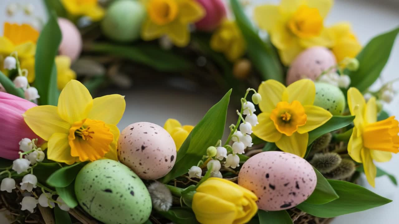 Cheerful Spring Decor: A Beautiful Wreath Adorned with Colorful Easter Eggs and Vibrant Flowers Celebrating the Joy of the Season
