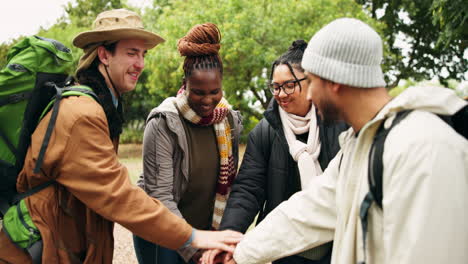 people, camping and celebration with hands