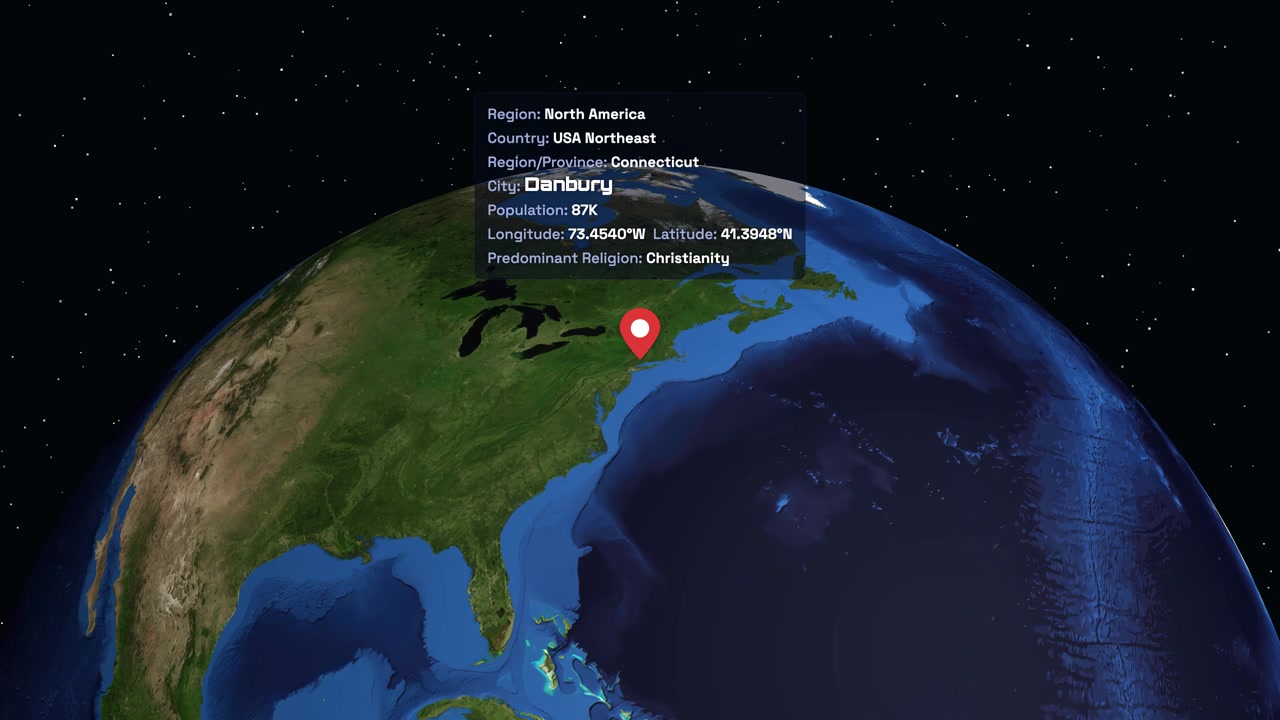 Digital animation zooms from space into North America, highlighting Danbury Connecticut with informational text