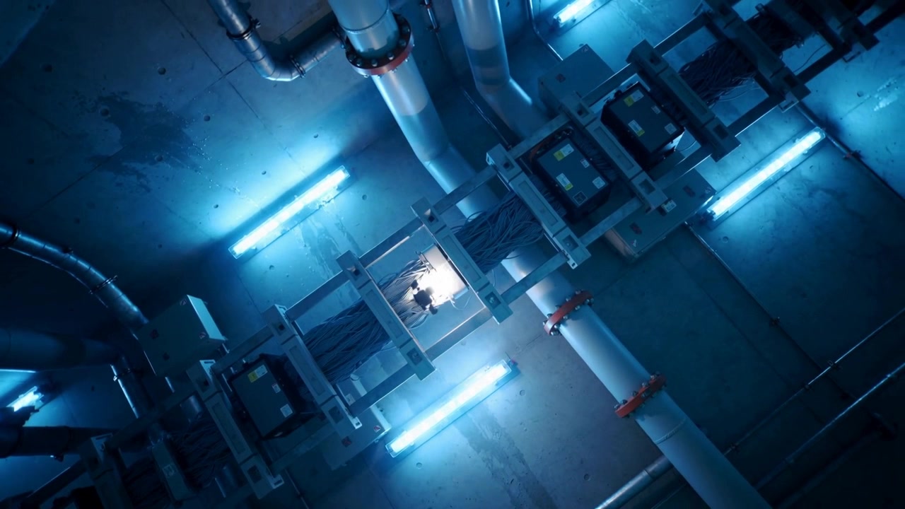 Tecnico che si arrampica nel vassoio portacavi sotto tubi blu, spinto da un portello illuminato, ispezionando un cavo con DPI.