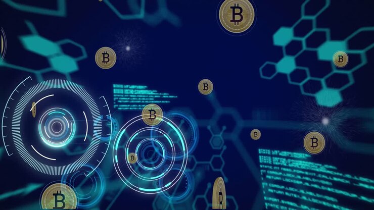 Animazione di dati scientifici, bitcoin ed esagoni su sfondo blu navy