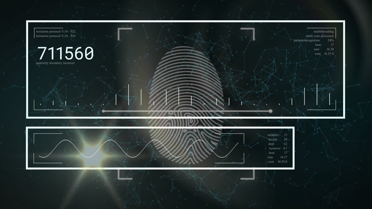Fingerprint fading in, starting vertical scans and HUD waveform, codes updating, verifying ID