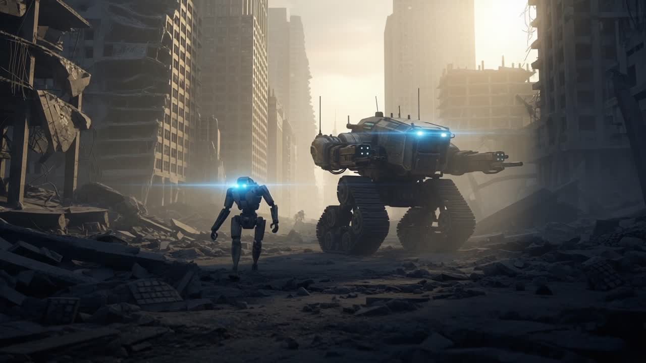 A futuristic robotic scene set in a post-apocalyptic urban landscape showcasing an advanced robot and a massive armored vehicle amidst ruins and debris
