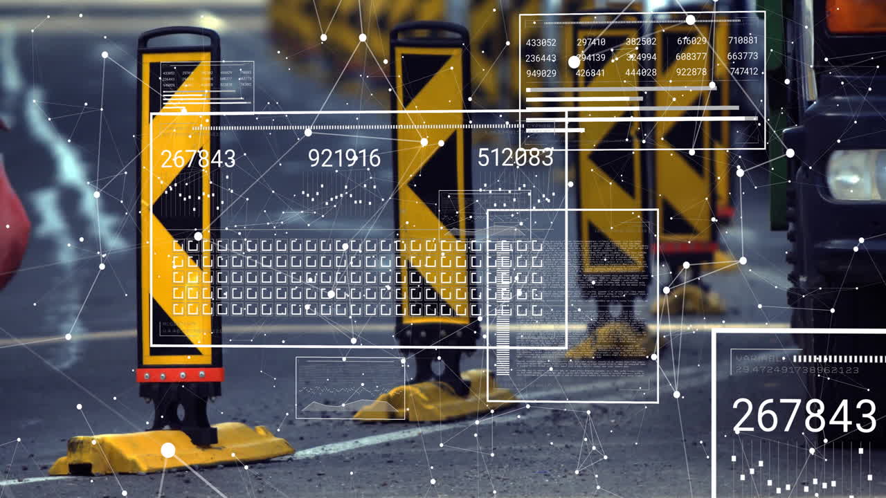 анимация цифровой обработки данных, накладывающаяся на транспортные барьеры на оживленной дороге